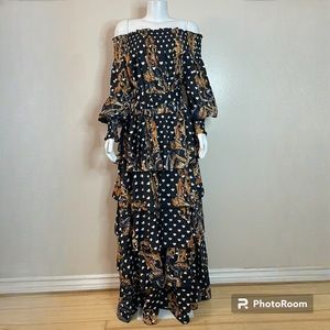 Black heart print off the shoulder multi tiered long sleeve belted maxi dress